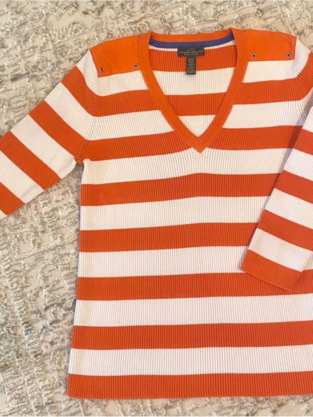 Lauren Ralph Lauren Orange & White Striped V-Neck Pullover